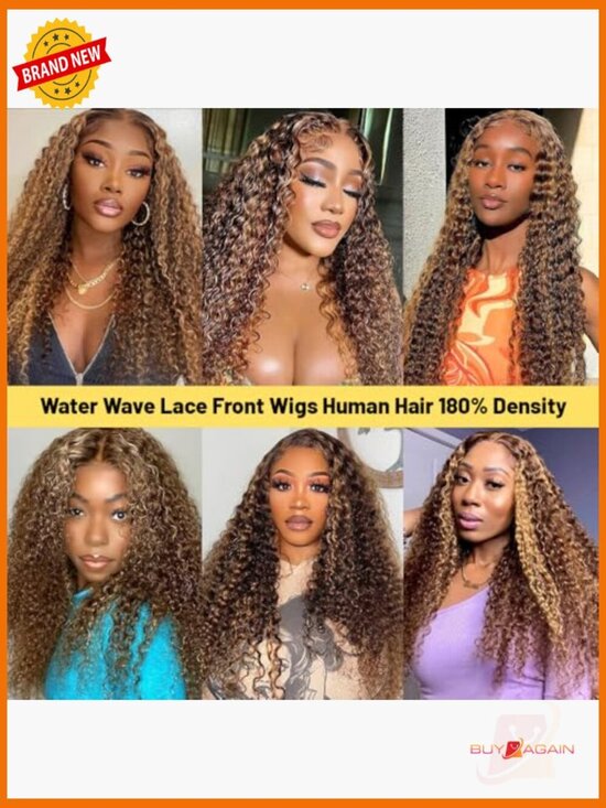 Human Hair Lace Front Wig 180% Density Highlight Water Wave Curly main image 6